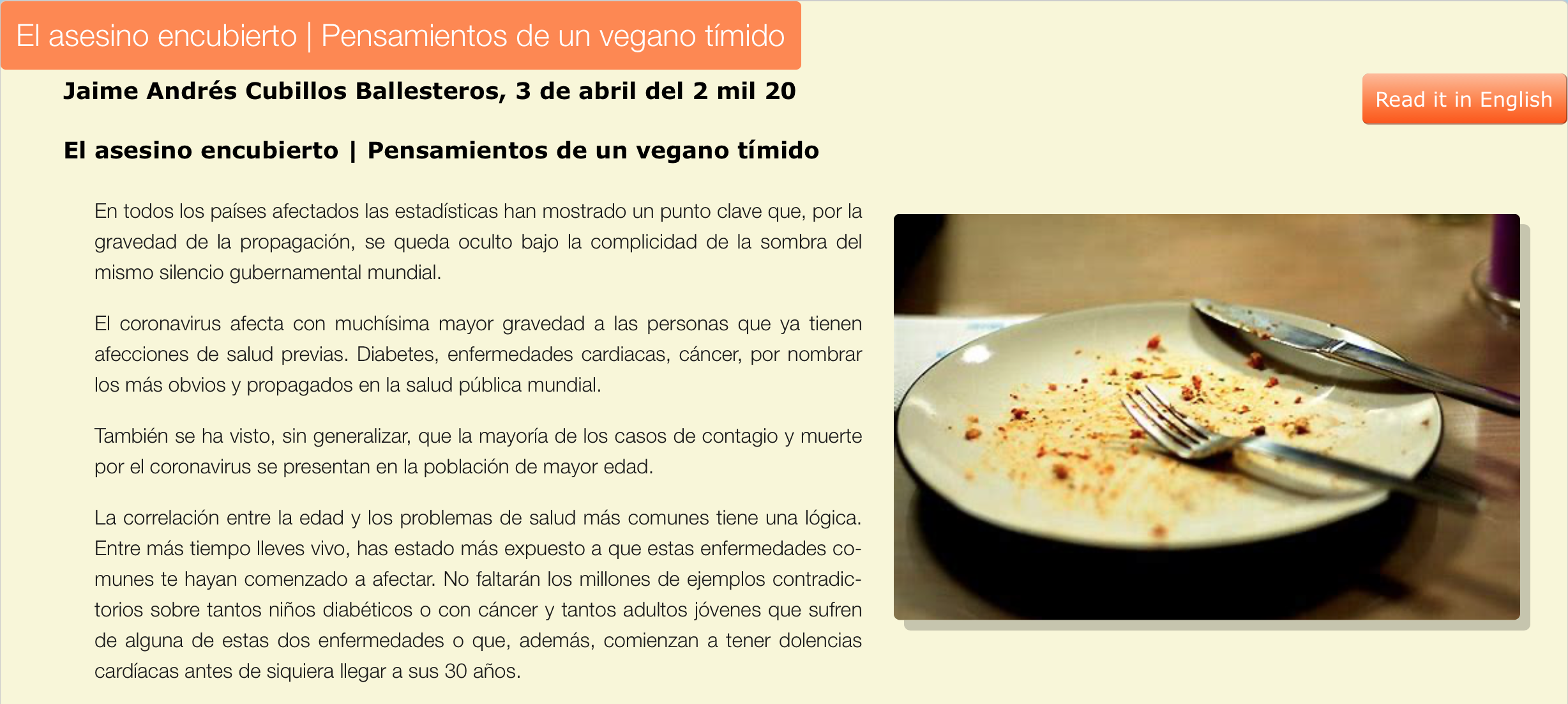 Preview of the essay: El asesino encubierto. Pensamiento de un vegano tímido.